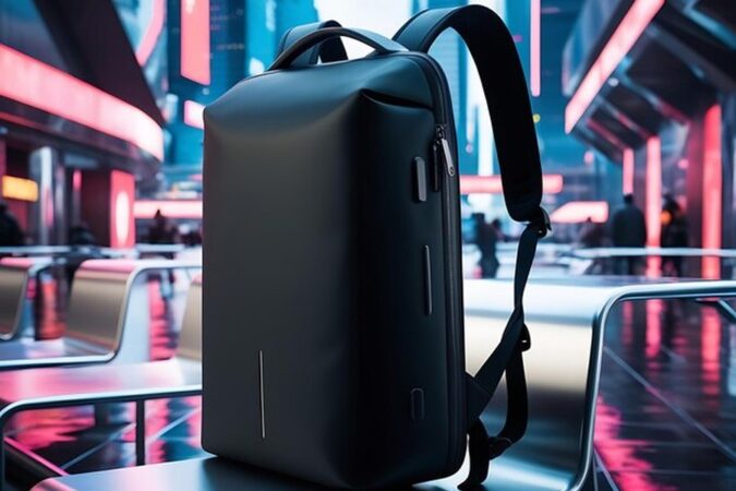 Un sac à dos de voyage noir au design épuré et futuriste posé dans un terminal urbain aux éclairages néons.