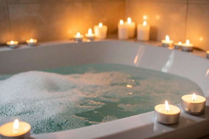 Une baignoire remplie d'eau et de mousse est délicatement éclairée par de nombreuses petites bougies, évoquant l'atmosphère relaxante du rituel du hammam turc.